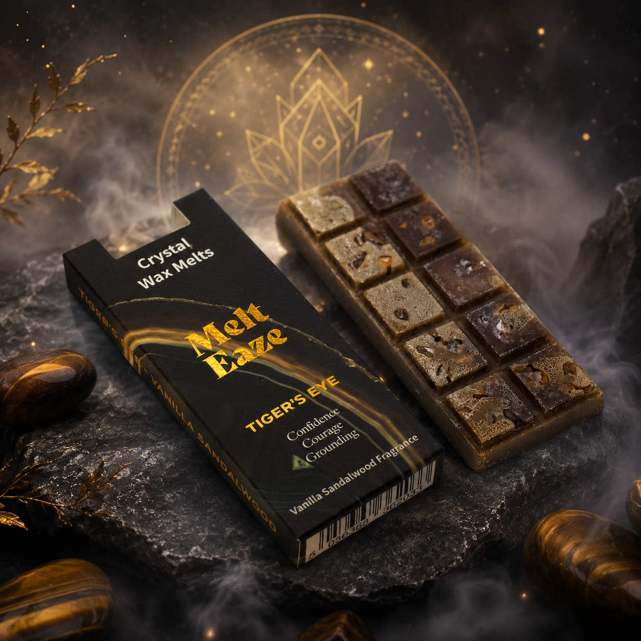 Kristall-Duftwachs Tigerauge mit Vanilla Sandalwood Duft
